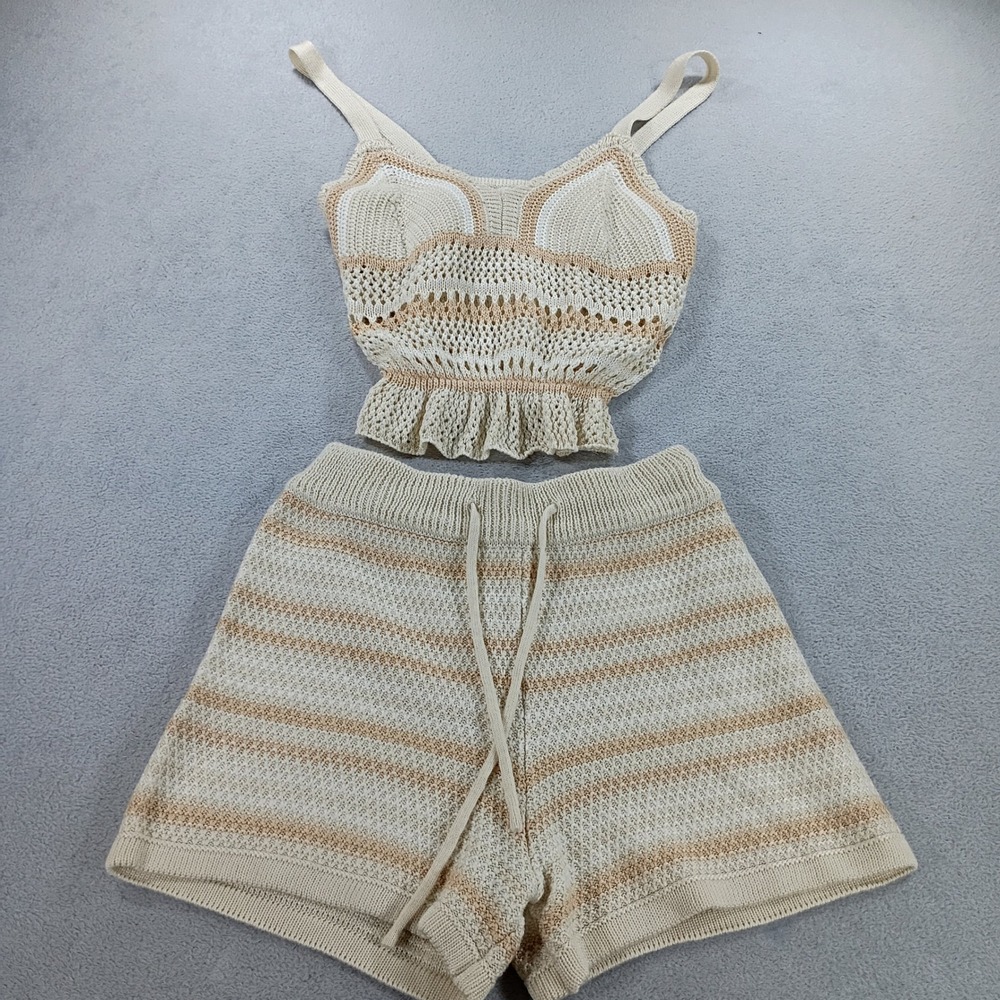 Madden NYC Womens Crochet 2-Piece Set Cream Tan XS Peplum Top & Shorts